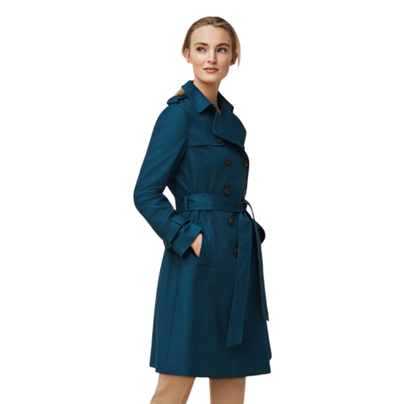 How does the trench coat's hem slit design achieve freedom of movement and overall silhouette coordination through proportional control?